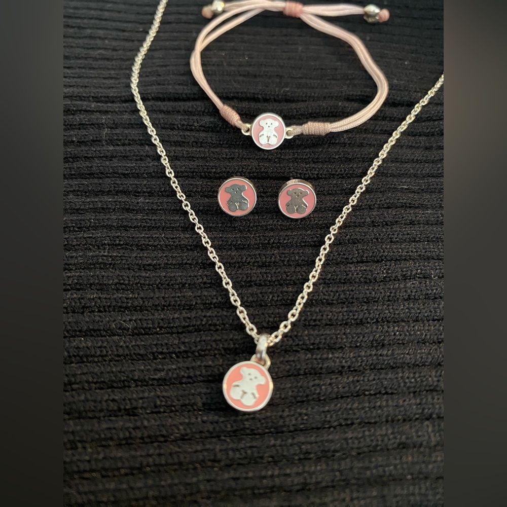 TOUS AG SPOT ENAMELED PINK BEAR EARRING,NECKLACE AND BRACELET SET